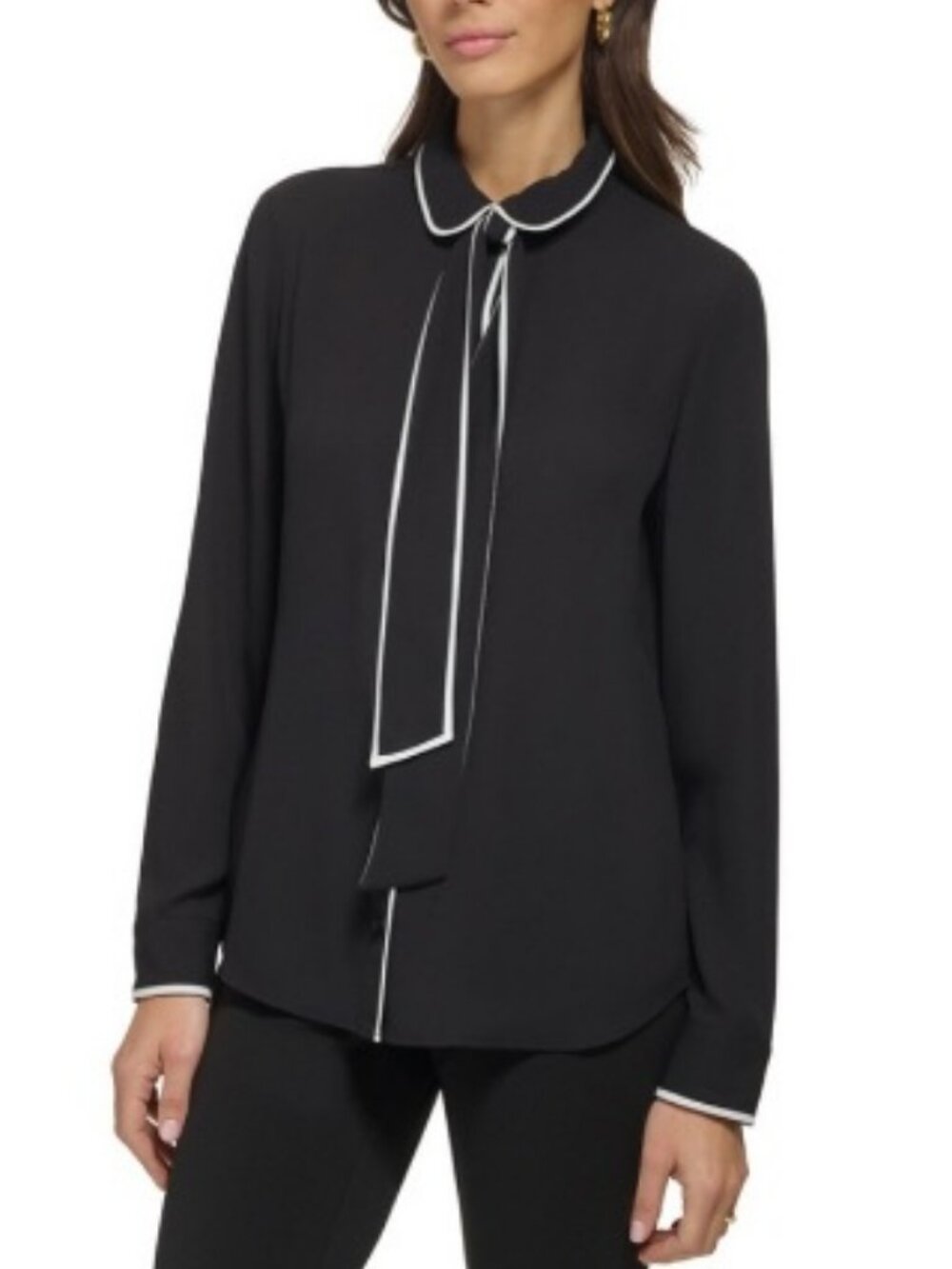 NWT DKNY Petite Piped-Trim Button-Up Blouse in Black